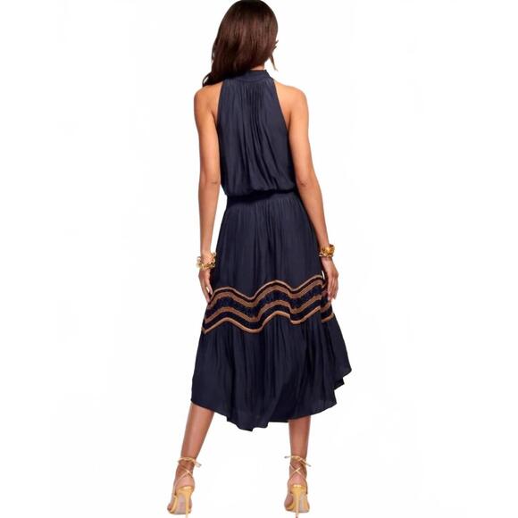 NEW RAMY BROOK alexis embroidered smocked midi-dress in navy
